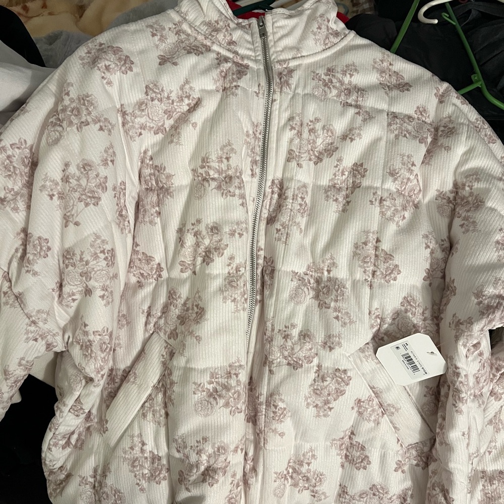 Altar'd State White Quilted Puffer Jacket with Blush Floral